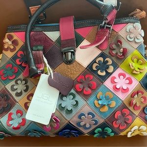 Vera Pelle Italian leather handmade multi-colored boho floral design bag.